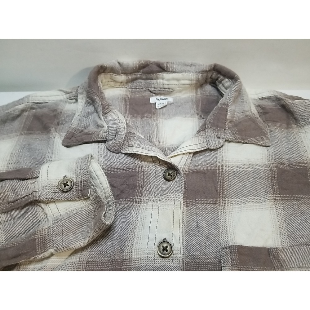 Garage Womens XS/S Plaid Flannel Long Sleeve‎ Button Up Shirt Brown White